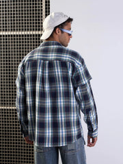 Men Blue & White Check Overlap Sleeves Oversize Shirt-MSSHRT20496