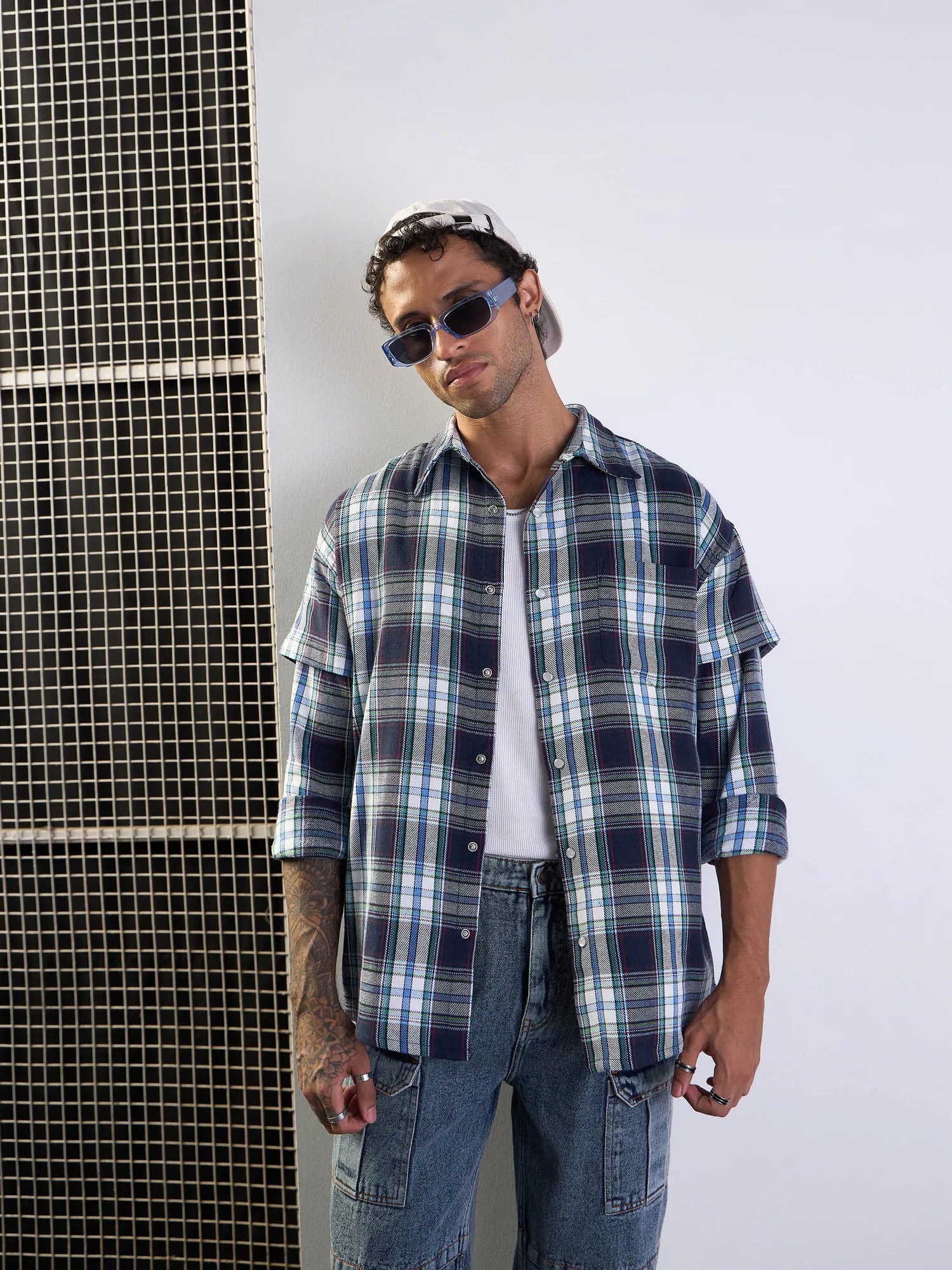 Blue & White Check Mens Shirt - Cotton Oversize Printed Shirt