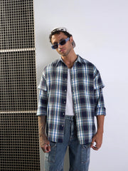 Men Blue & White Check Overlap Sleeves Oversize Shirt-MSSHRT20496