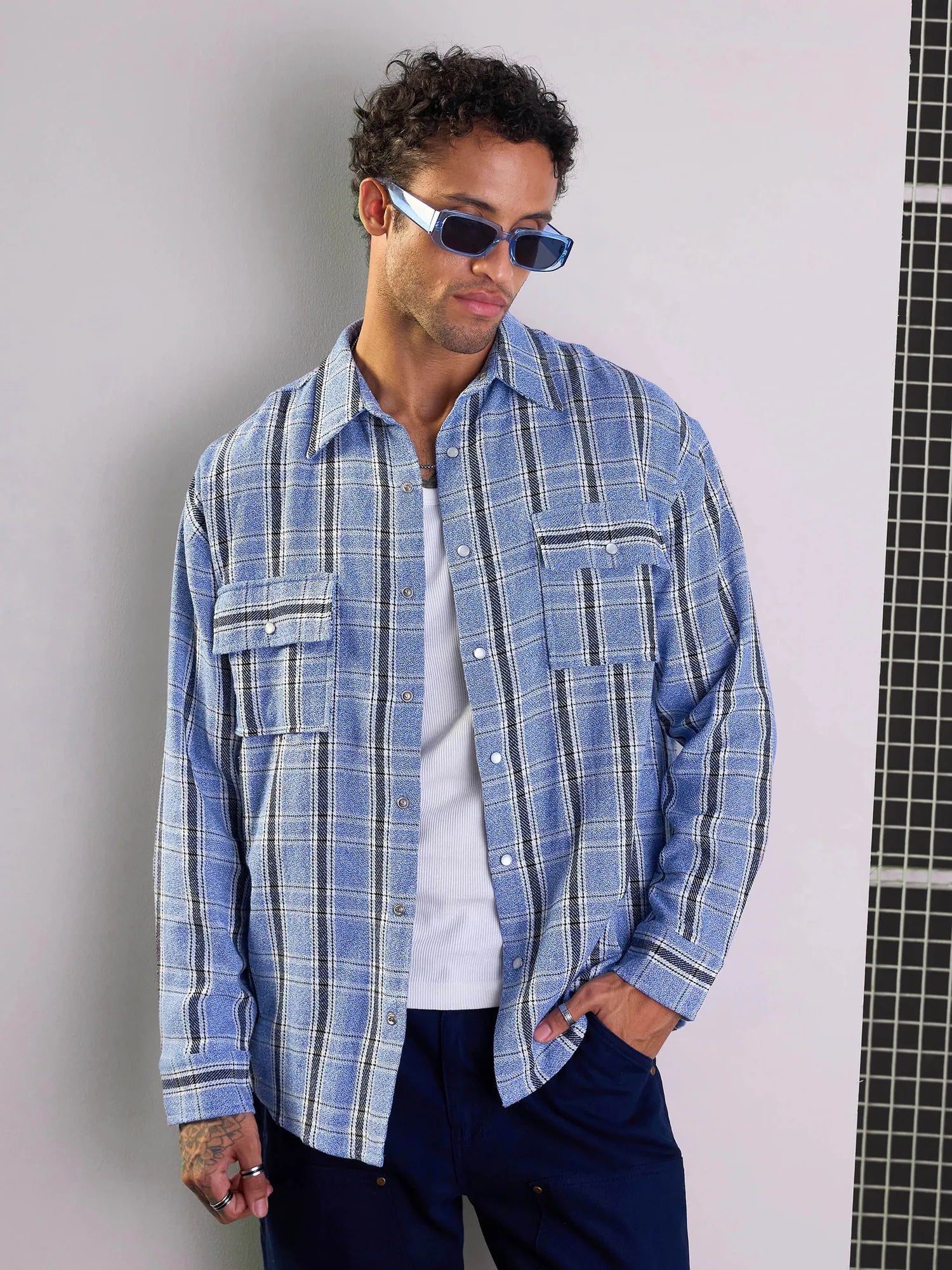Blue & White Check Cotton Flap Pocket Oversize Mens Shirt