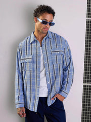 Men Blue & White Check Flap Pocket Oversize Shirt-MSSHRT20497