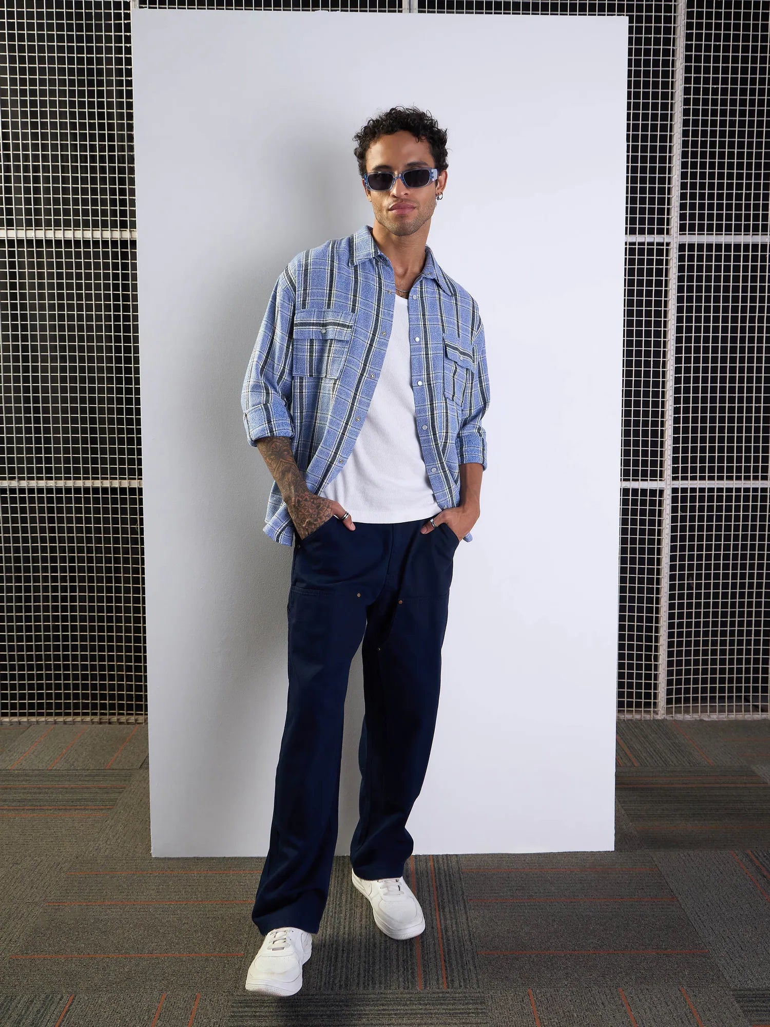 Blue & White Check Cotton Flap Pocket Oversize Mens Shirt