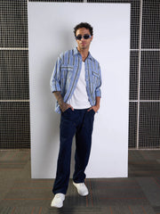 Men Blue & White Check Flap Pocket Oversize Shirt-MSSHRT20497