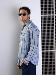 Men Blue & White Check Flap Pocket Oversize Shirt-MSSHRT20497