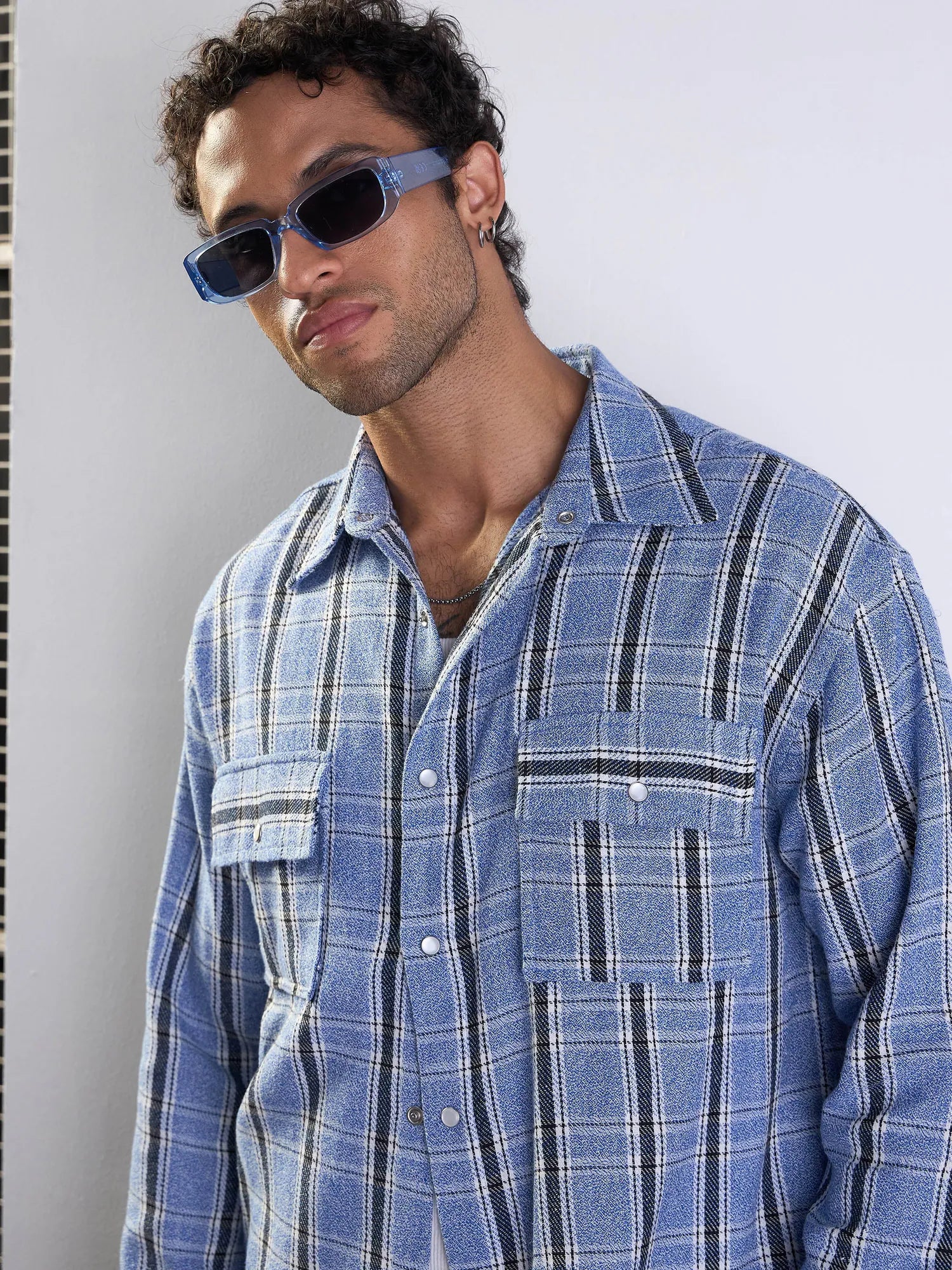 Blue & White Check Cotton Flap Pocket Oversize Mens Shirt