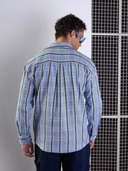 Men Blue & White Check Flap Pocket Oversize Shirt-MSSHRT20497