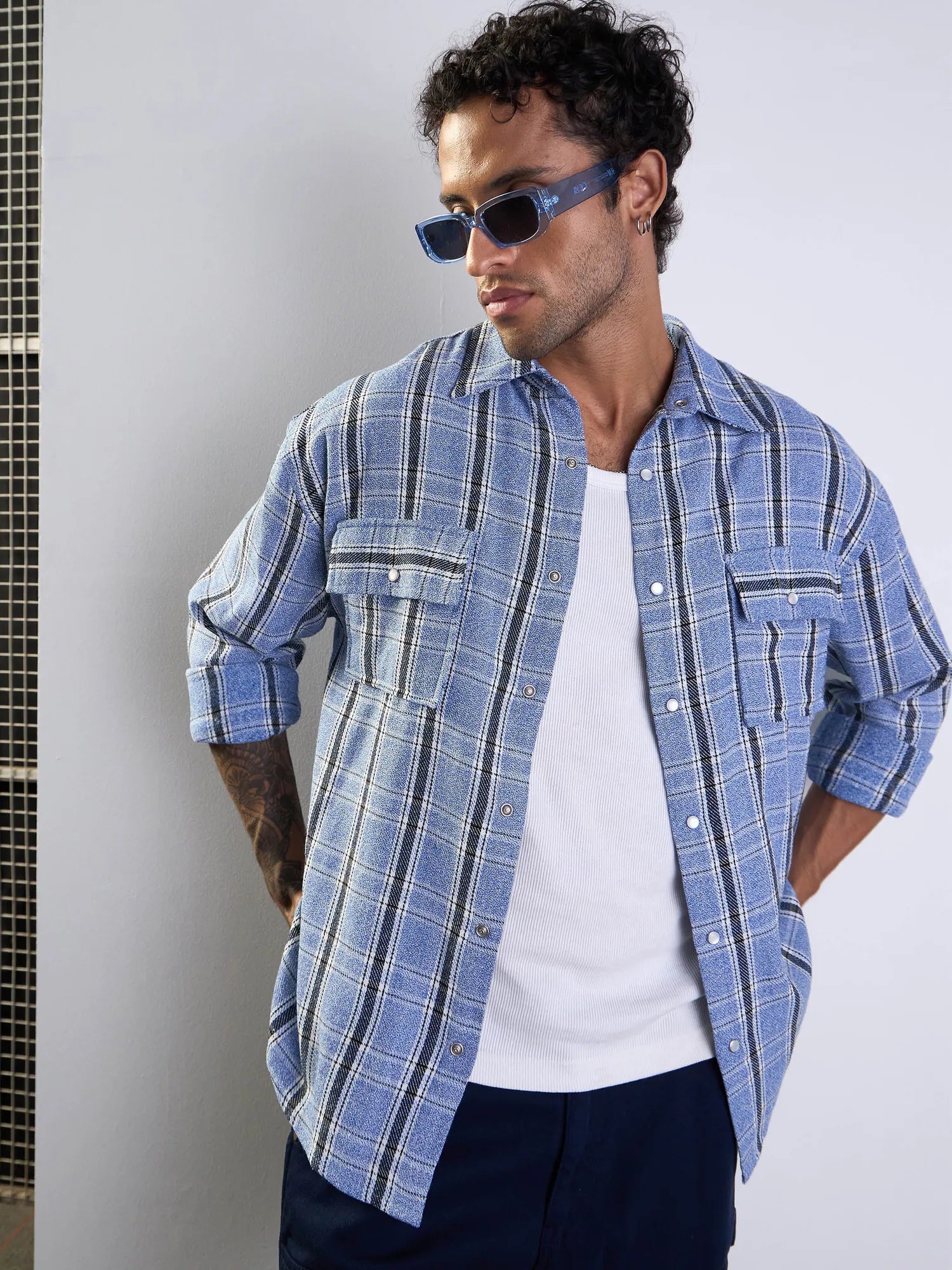 Blue & White Check Cotton Flap Pocket Oversize Mens Shirt