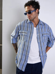 Men Blue & White Check Flap Pocket Oversize Shirt-MSSHRT20497