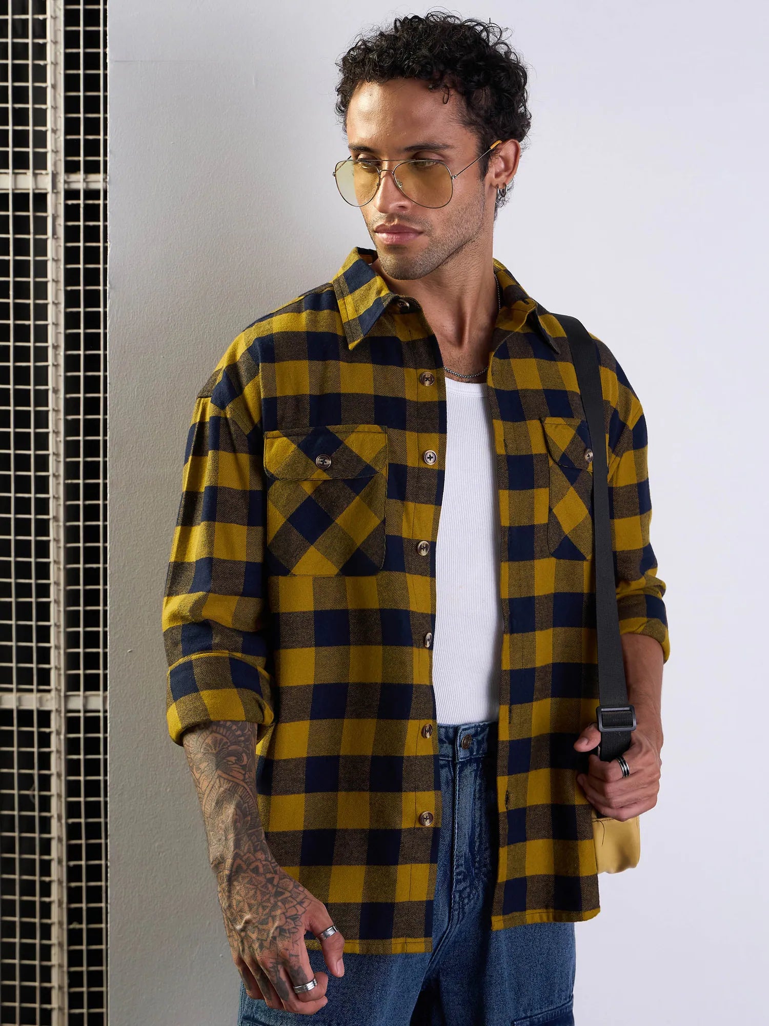 Mustard & Navy Check Cotton Mens Shirt | Oversize Fit