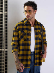 Men Mustard & Navy Check Flap Pocket Oversize Shirt-MSSHRT20501