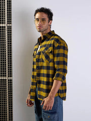 Men Mustard & Navy Check Flap Pocket Oversize Shirt-MSSHRT20501