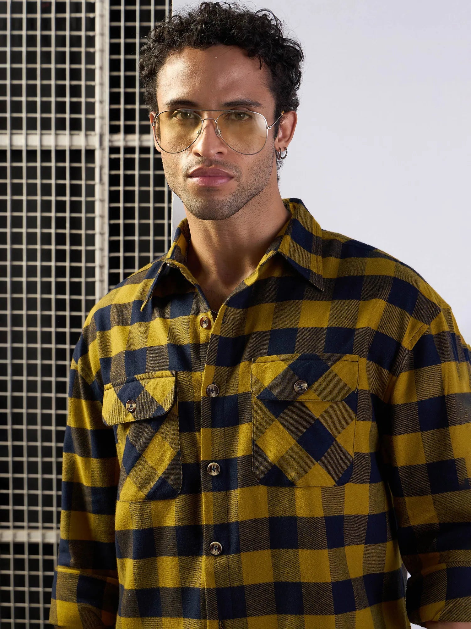 Mustard & Navy Check Cotton Mens Shirt | Oversize Fit
