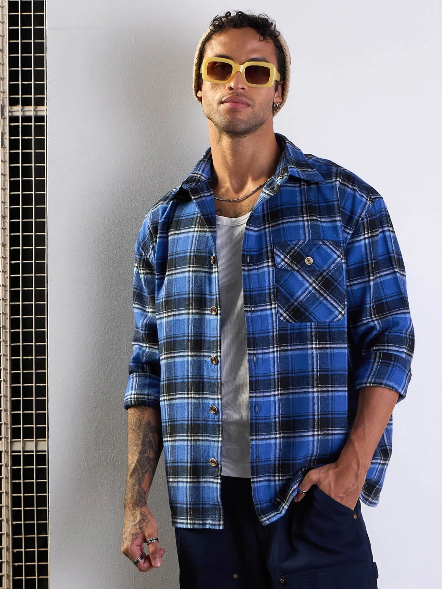 Men's Blue & Black Check Cotton Oversize Shirt