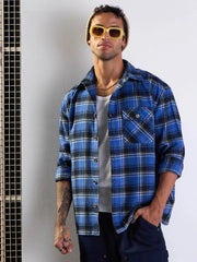 Men Blue & Black Check Oversize Shirt-MSSHRT20502