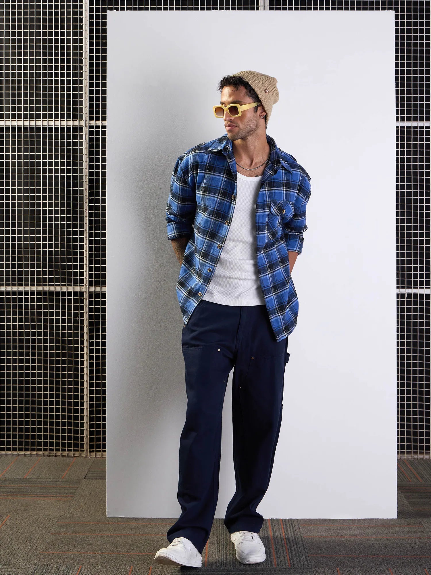 Men's Blue & Black Check Cotton Oversize Shirt