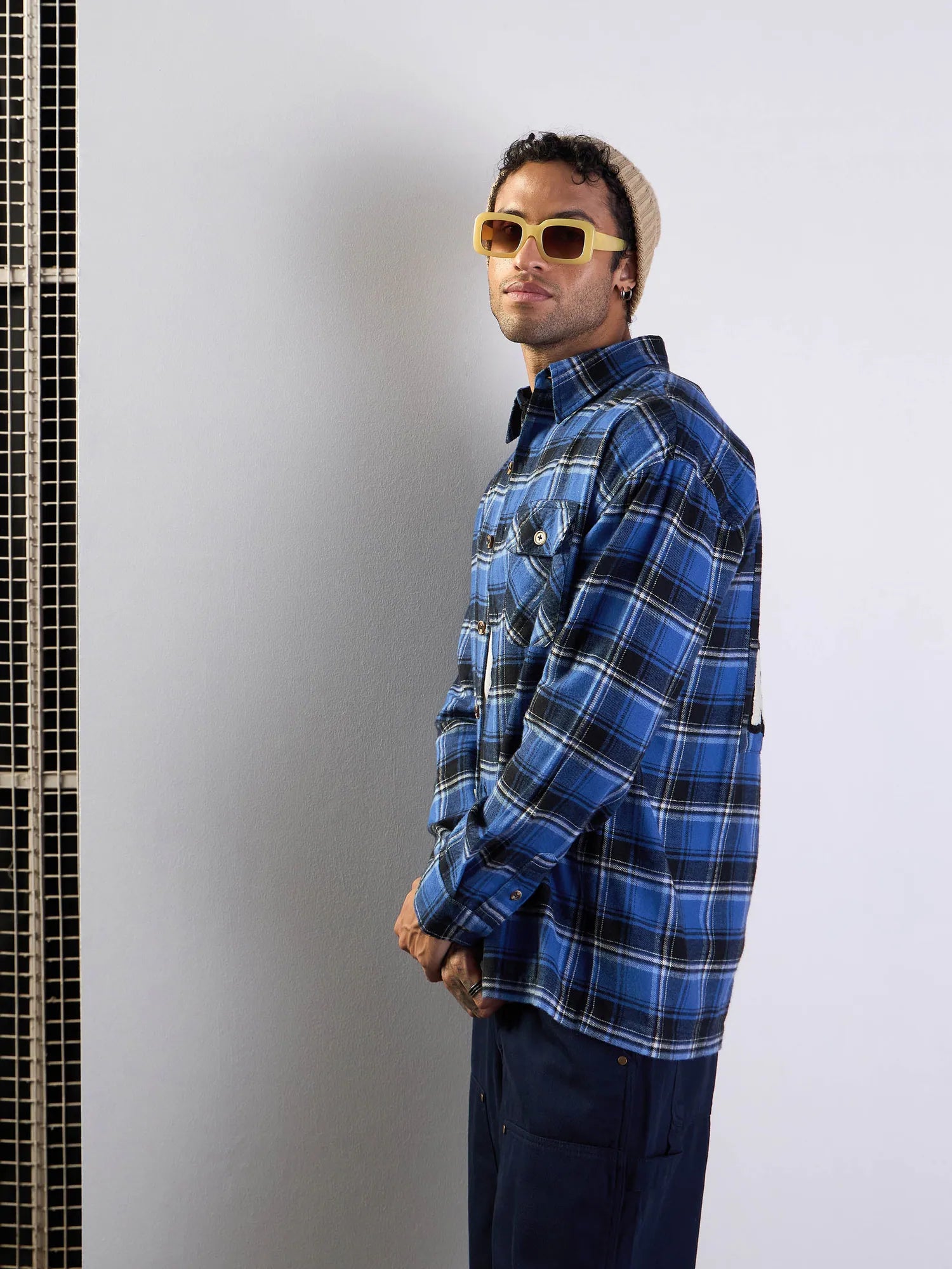 Men's Blue & Black Check Cotton Oversize Shirt