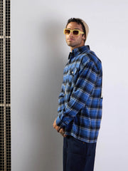 Men Blue & Black Check Oversize Shirt-MSSHRT20502