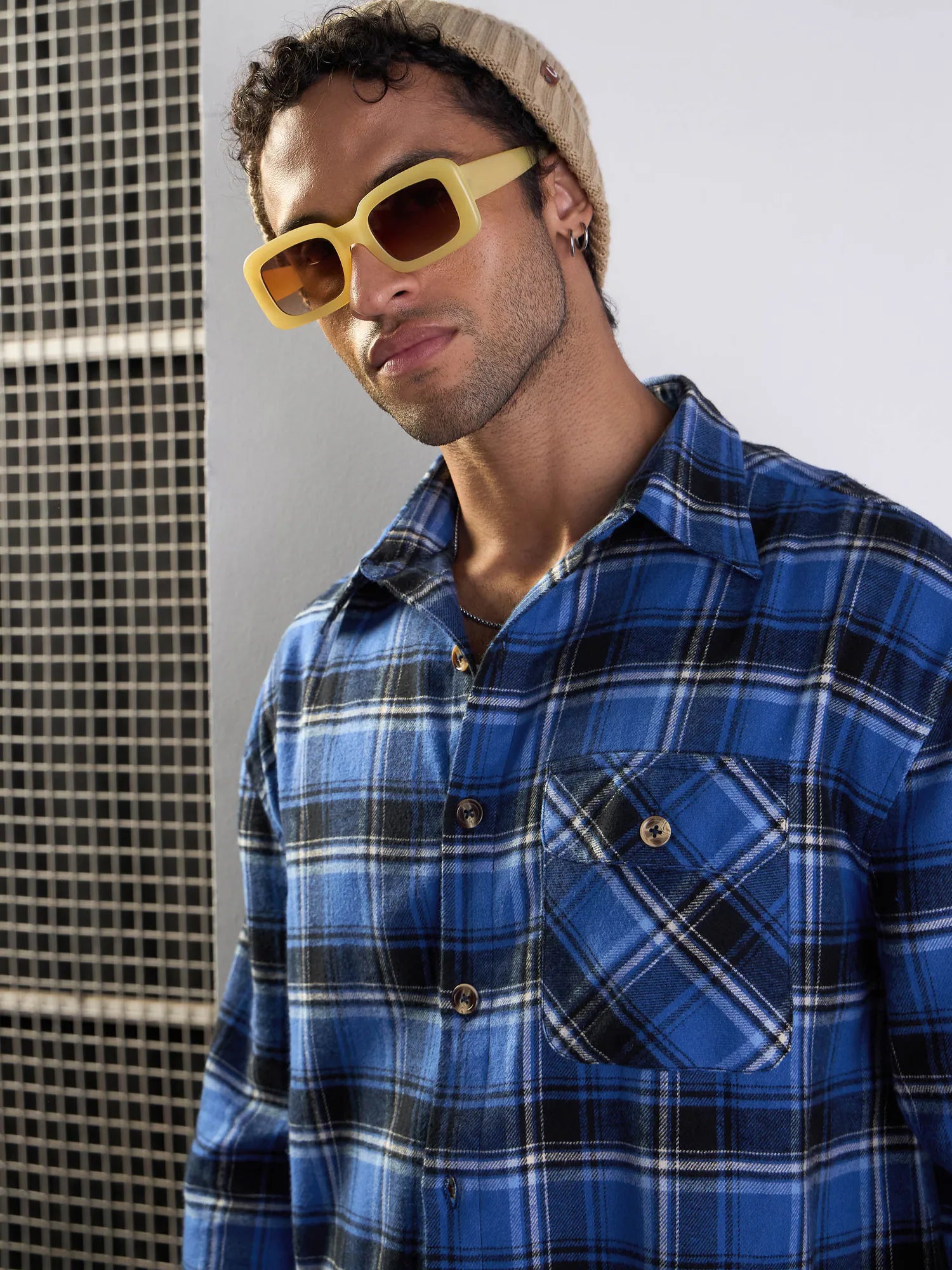 Men's Blue & Black Check Cotton Oversize Shirt