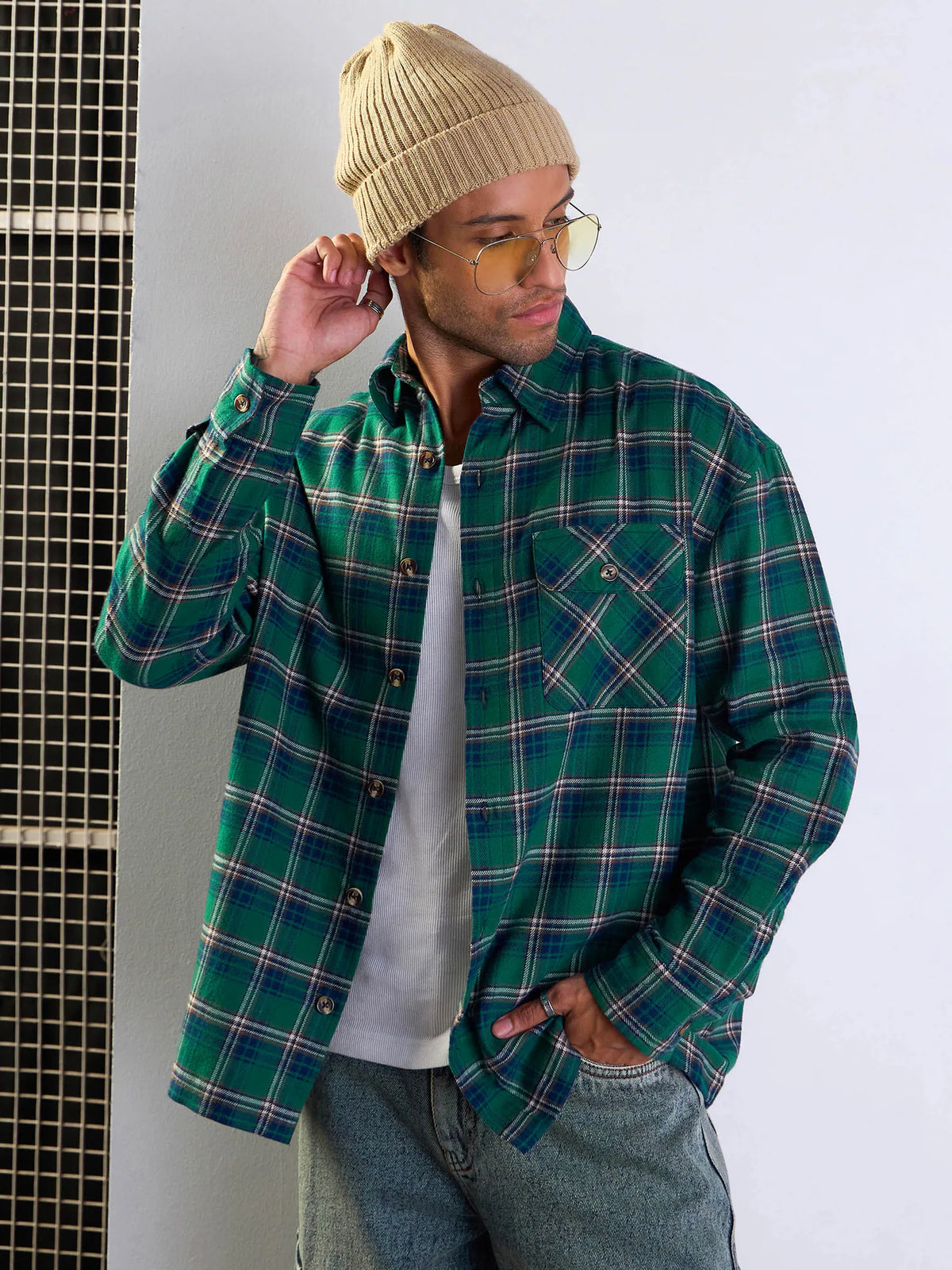 Men Green & Blue Check Oversize Shirt-MSSHRT20503