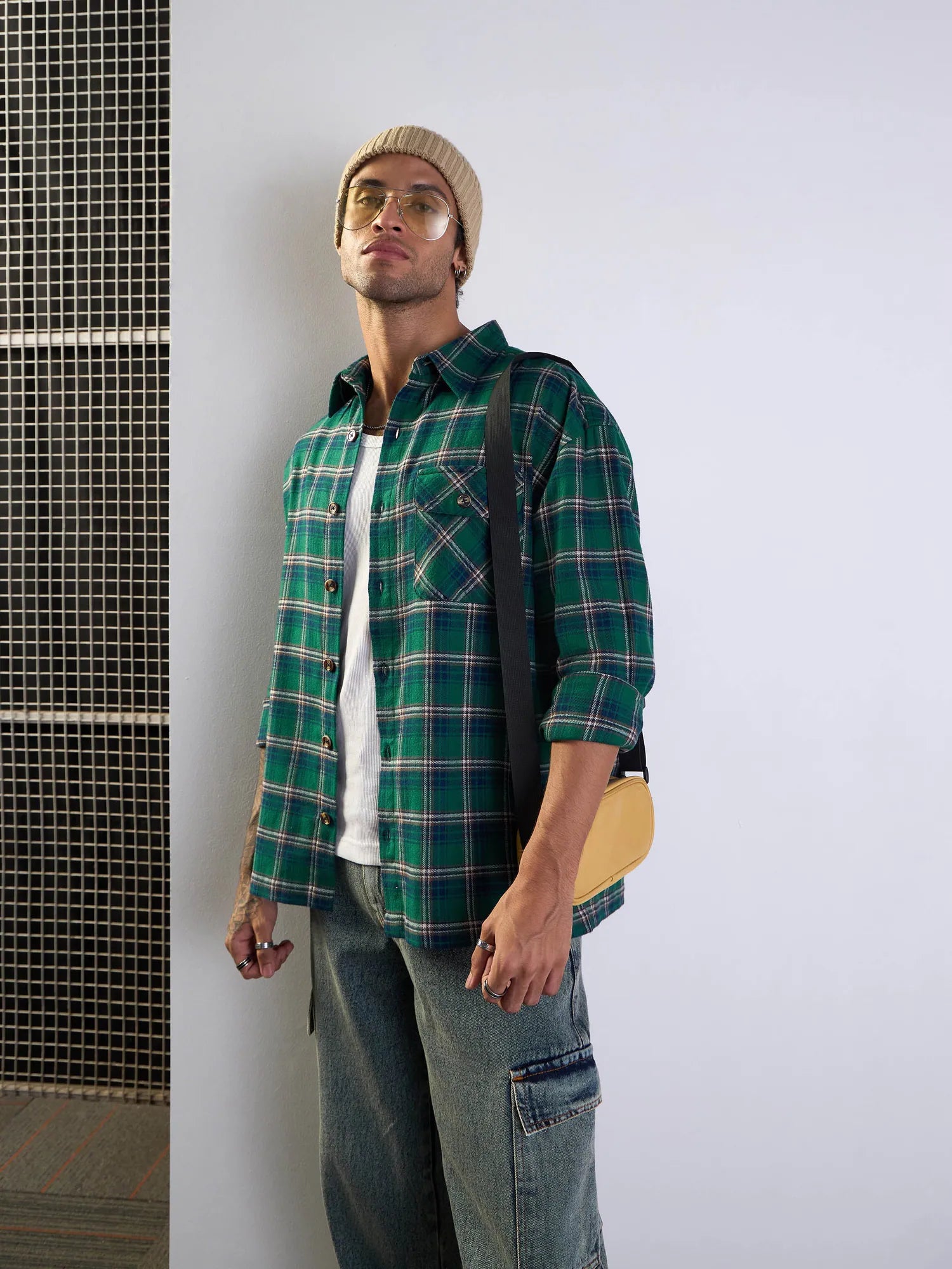 Green & Blue Check Oversize Cotton Shirt - Mens Shirt