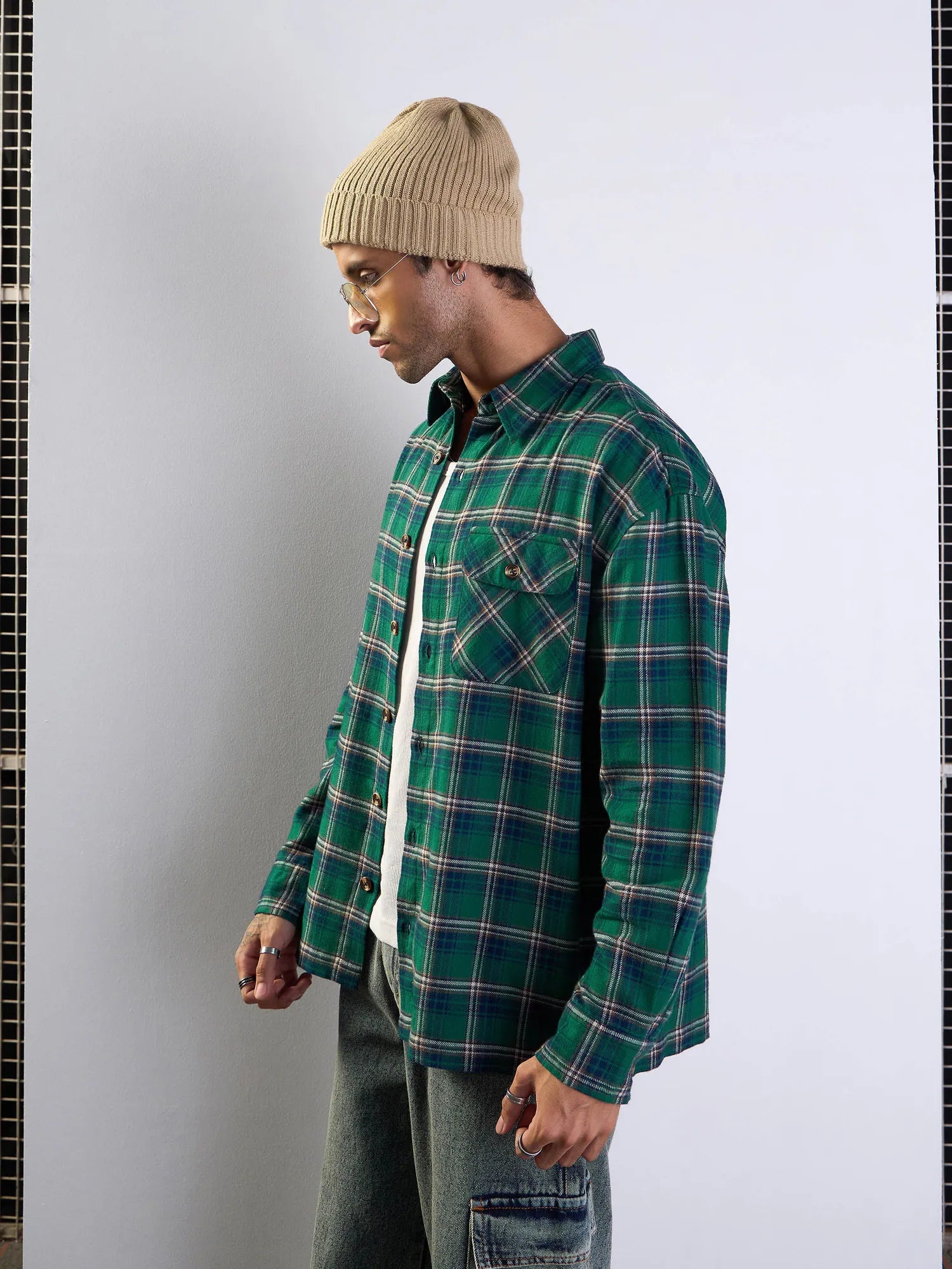 Green & Blue Check Oversize Cotton Shirt - Mens Shirt