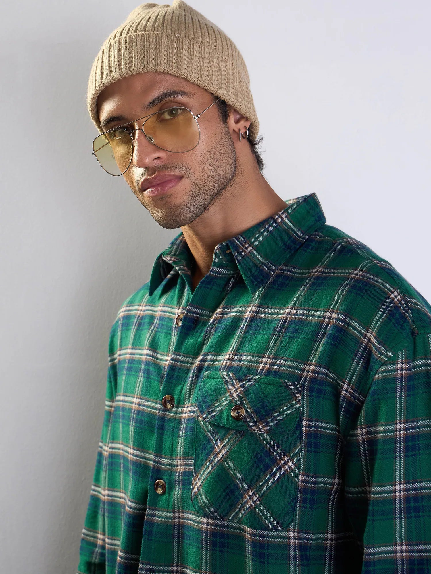 Green & Blue Check Oversize Cotton Shirt - Mens Shirt