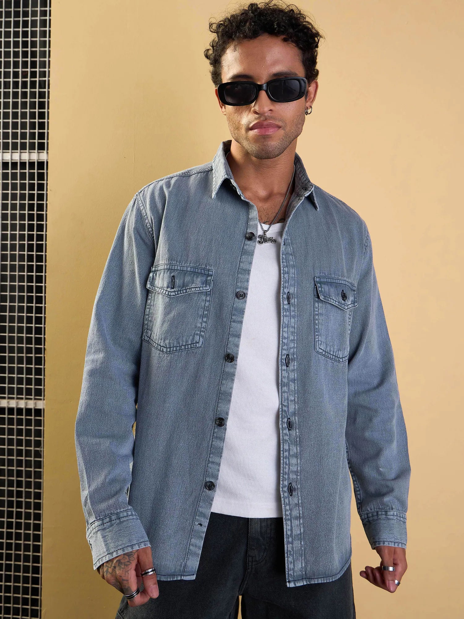 Light Grey Relax Fit Cotton Mens Shirt - Tencel Washed Fabric