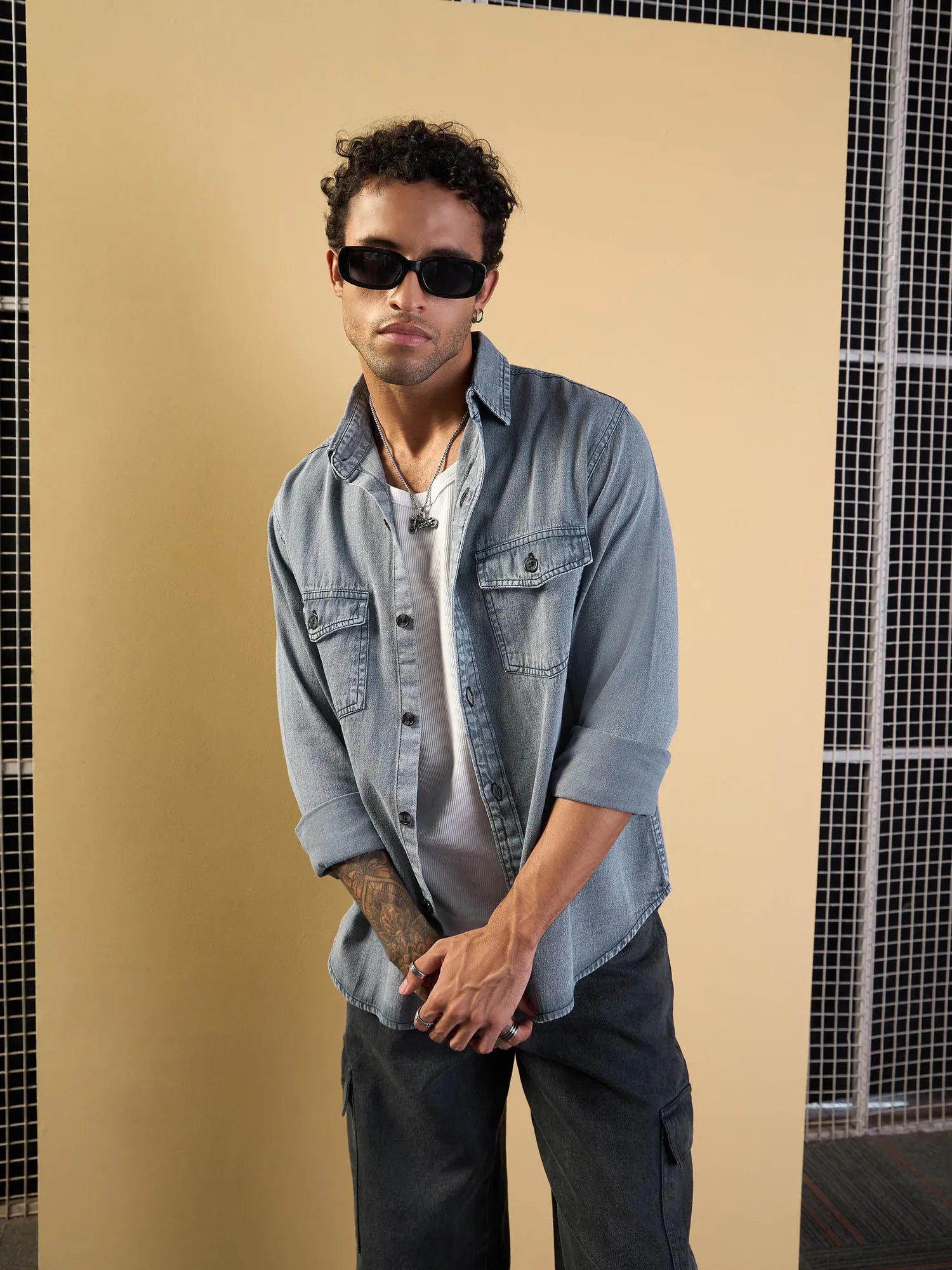 Light Grey Relax Fit Cotton Mens Shirt - Tencel Washed Fabric