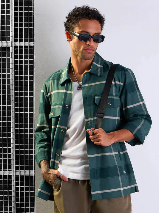 Men Green Check Side Pocket Shacket-MSSHRT20510 1500
