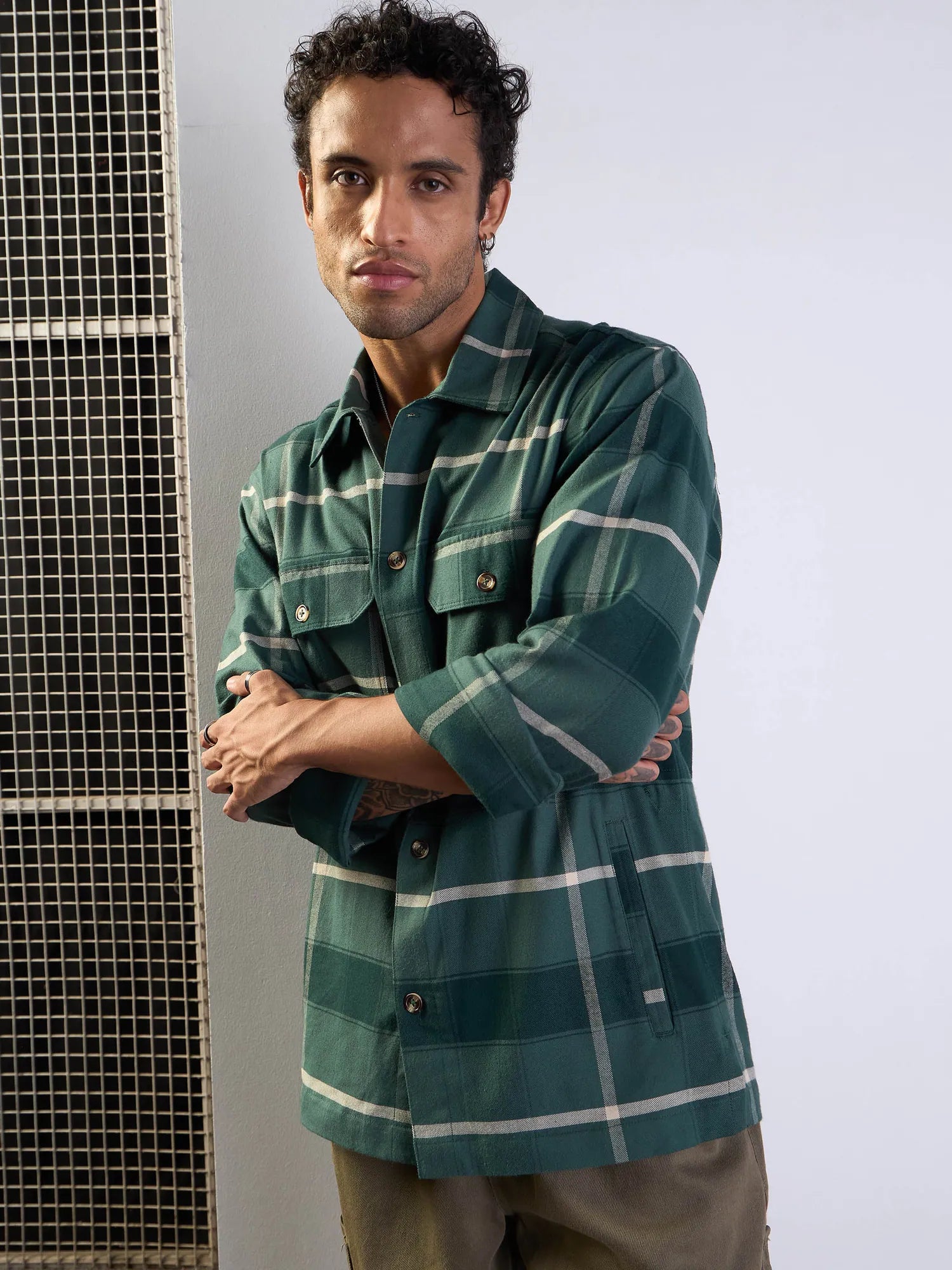 Green Check Men's Jacket - Oversized Cotton Shacket for Men