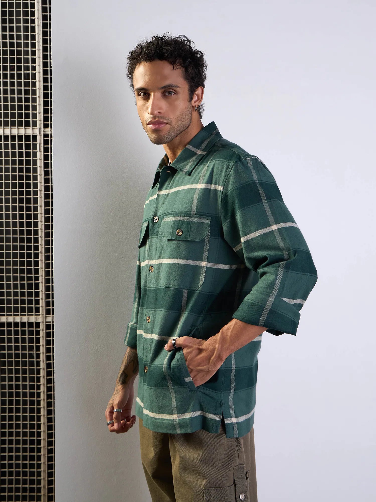 Green Check Men's Jacket - Oversized Cotton Shacket for Men