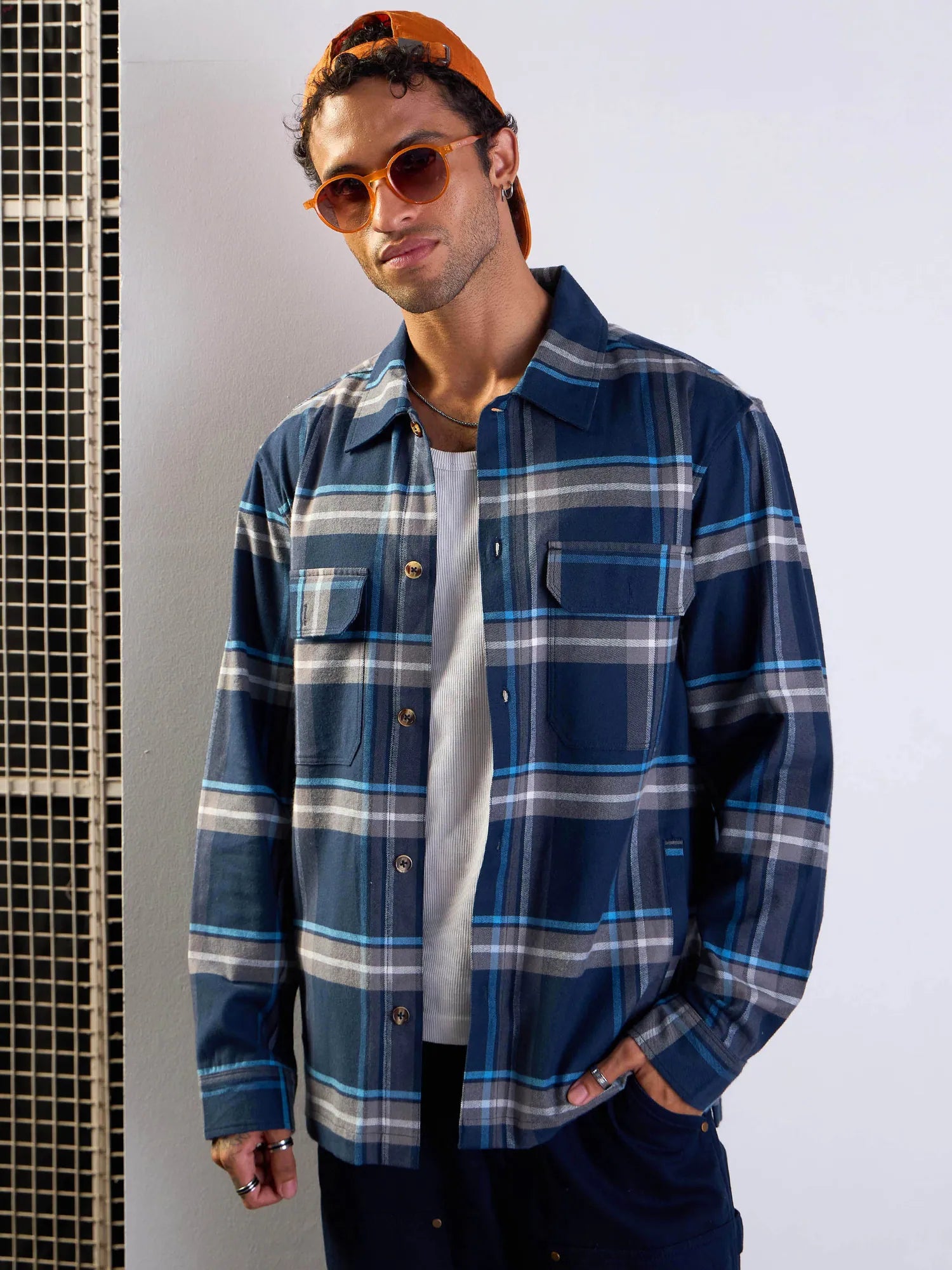 Men's Oversized Shacket - Navy & Grey Check Cotton Jacket