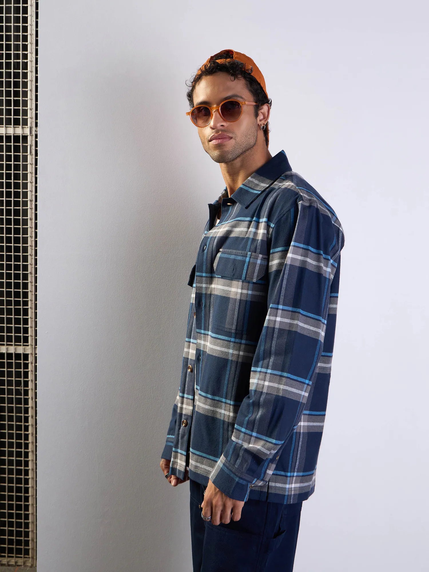 Men's Oversized Shacket - Navy & Grey Check Cotton Jacket