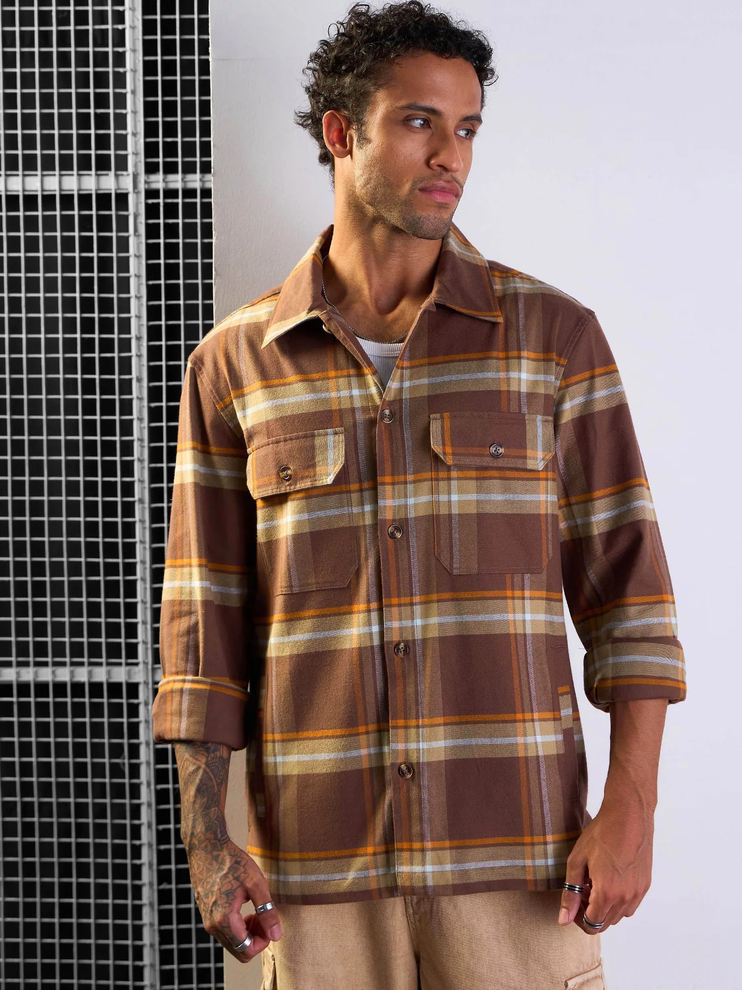 Brown & Khaki Check Oversized Shacket - Men's Jackets