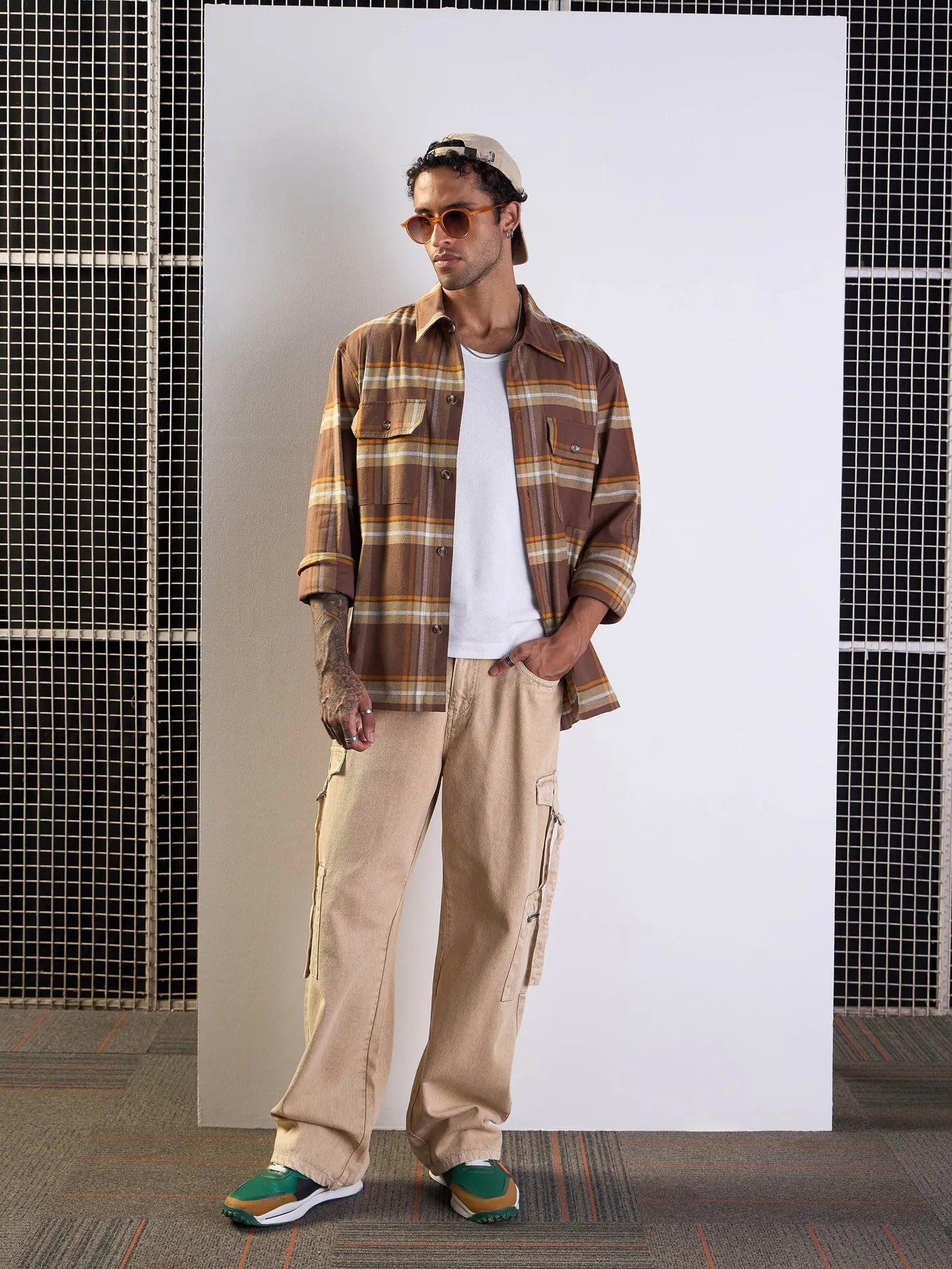 Brown & Khaki Check Oversized Shacket - Men's Jackets