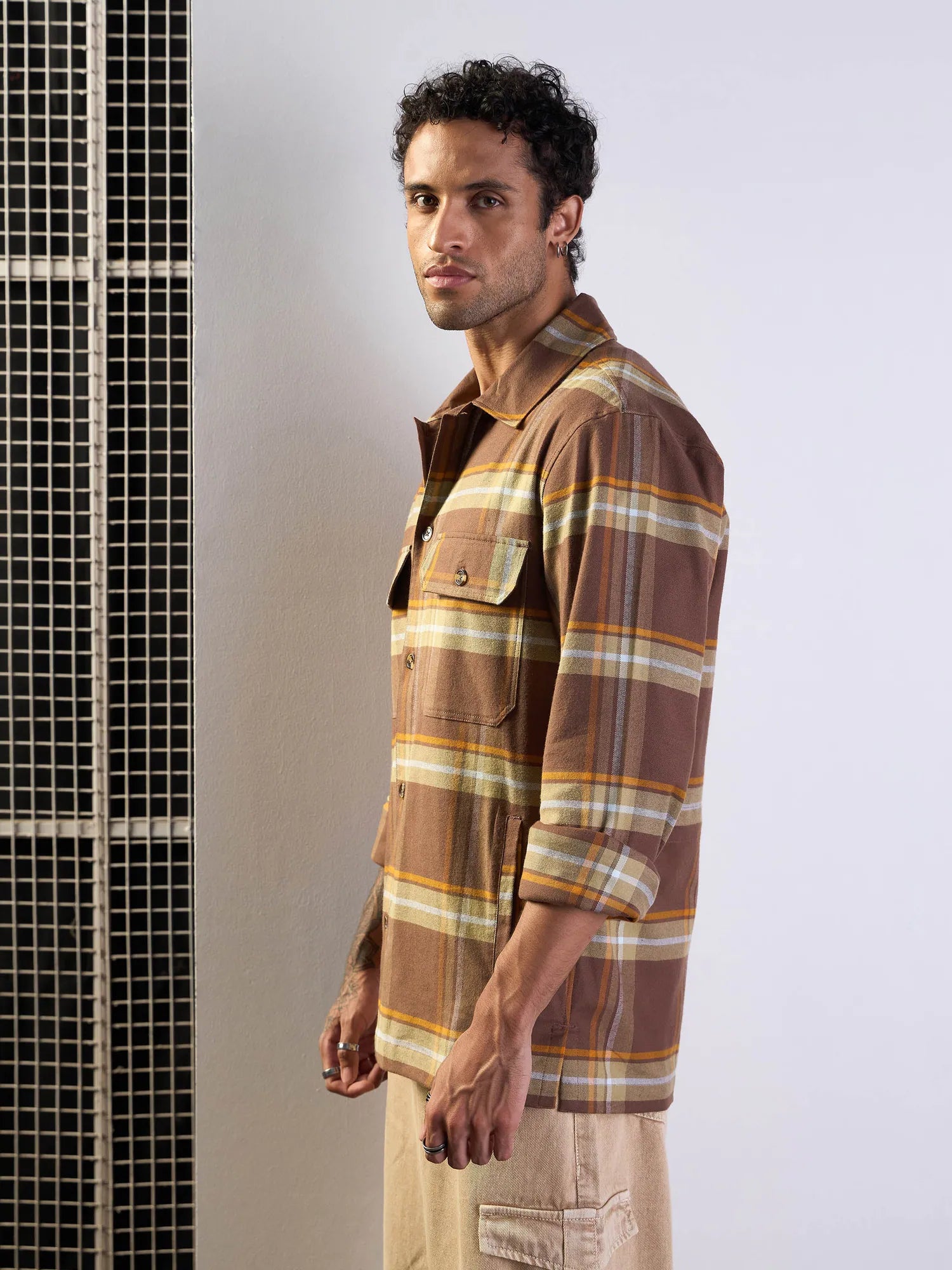 Brown & Khaki Check Oversized Shacket - Men's Jackets