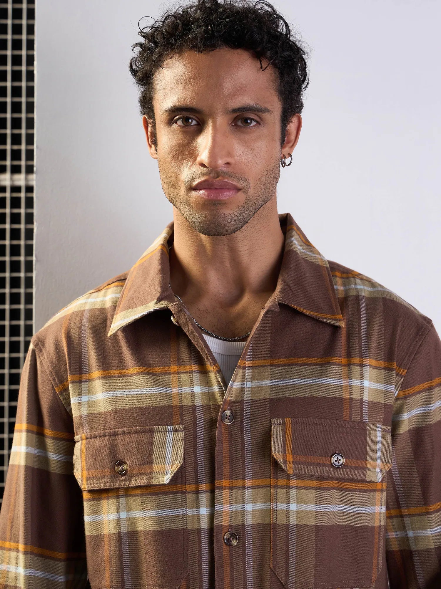 Brown & Khaki Check Oversized Shacket - Men's Jackets