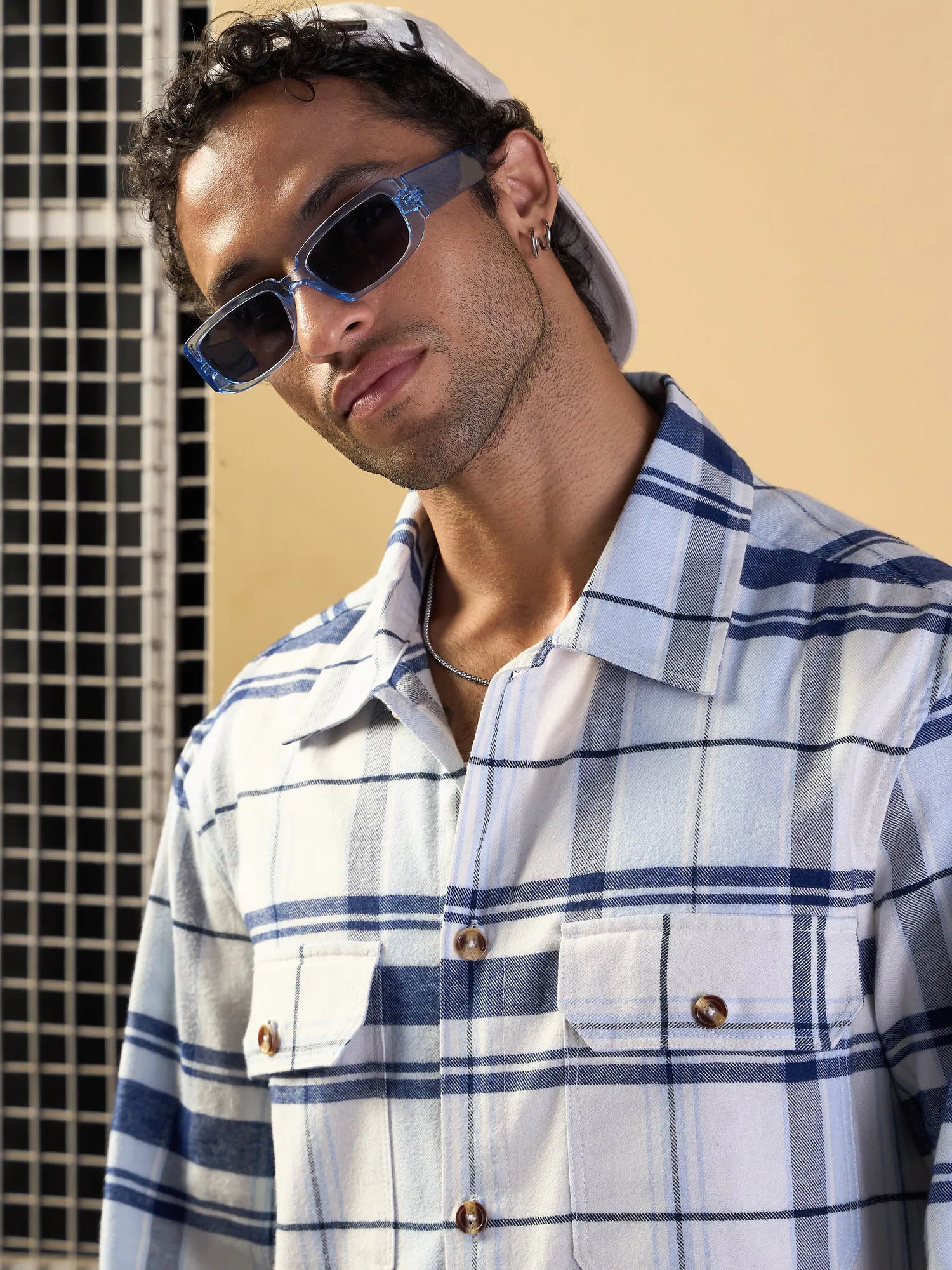 Blue & White Check Oversized Shacket - Men's Jackets