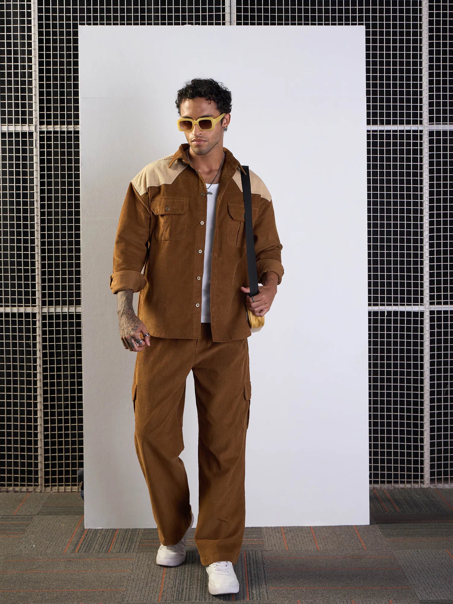 Men's Brown & Beige Corduroy Colourblock Shirt | Casual Mens S...