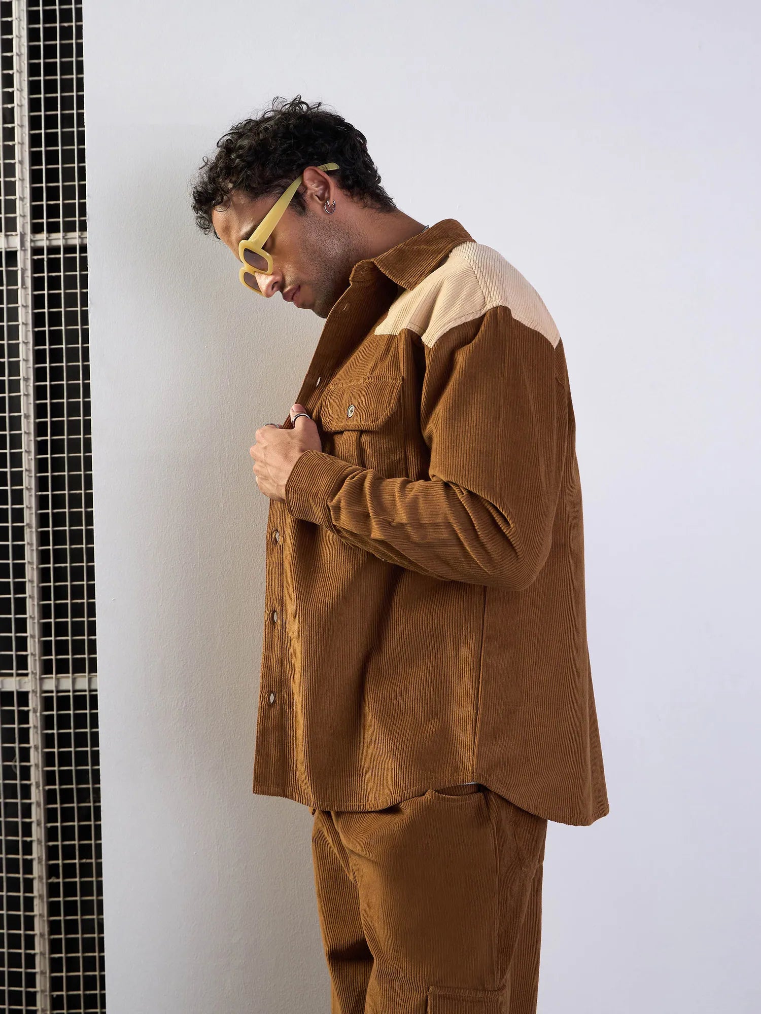 Men's Brown & Beige Corduroy Colourblock Shirt | Casual Mens S...