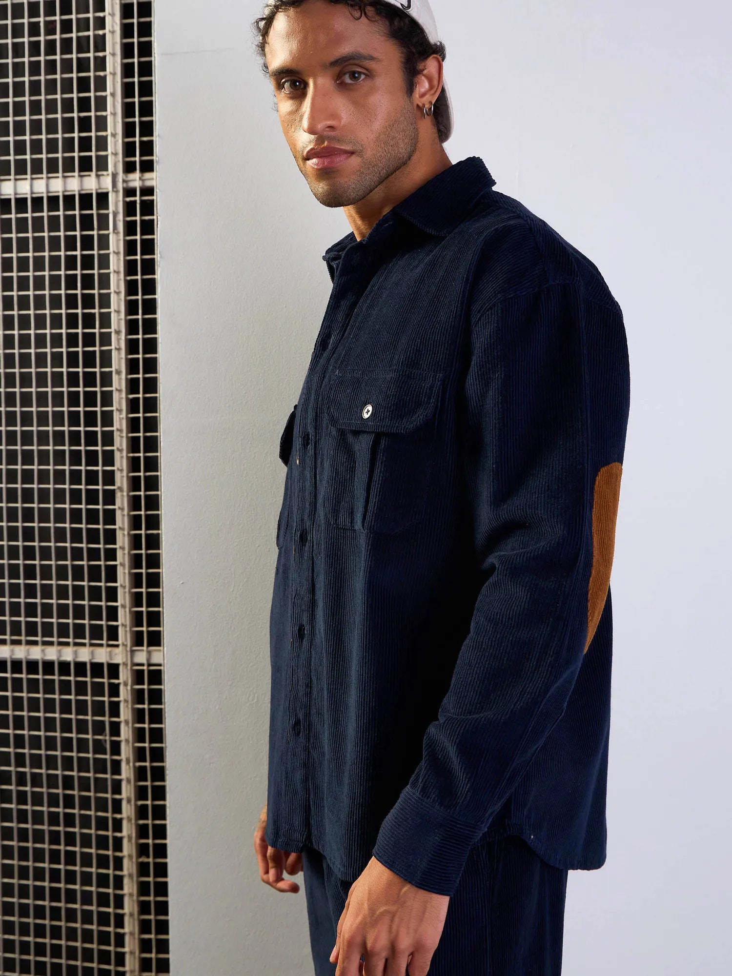 Men's Navy Corduroy Elbow Patch Oversize Cotton Shirt