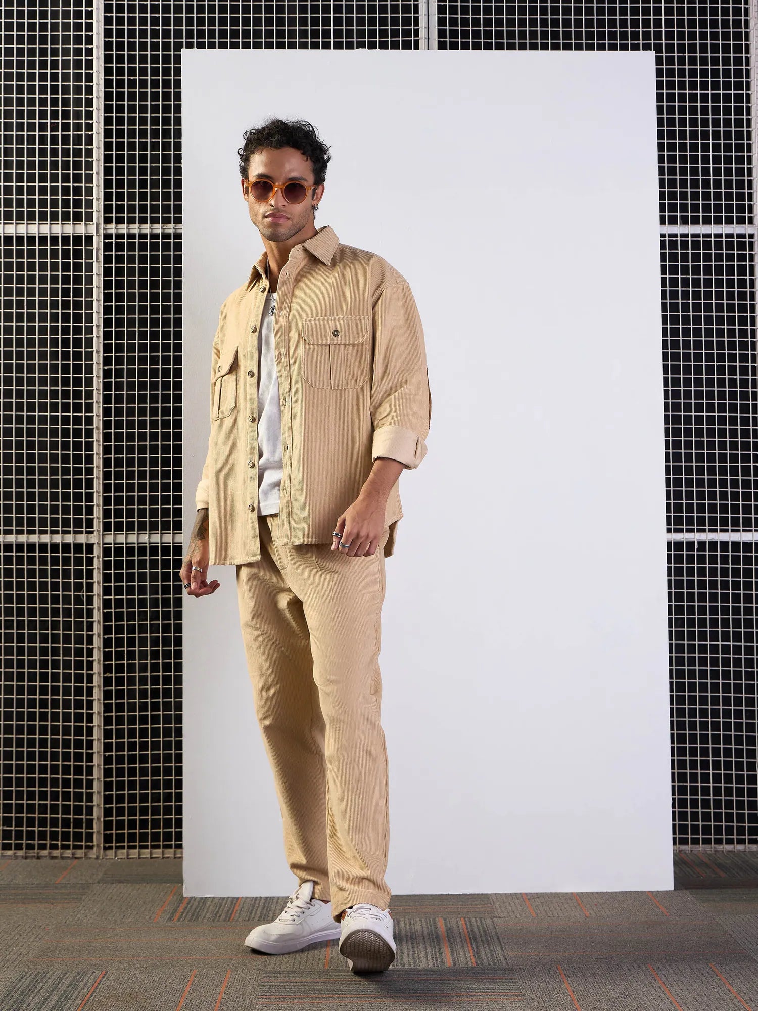Beige Corduroy Mens Shirt with Elbow Patch - Oversize Cotton S...