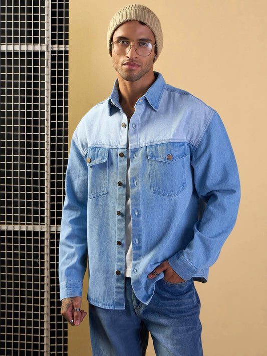 Men Light Blue Color Block Oversize Shacket-MSSHRT20523 1500