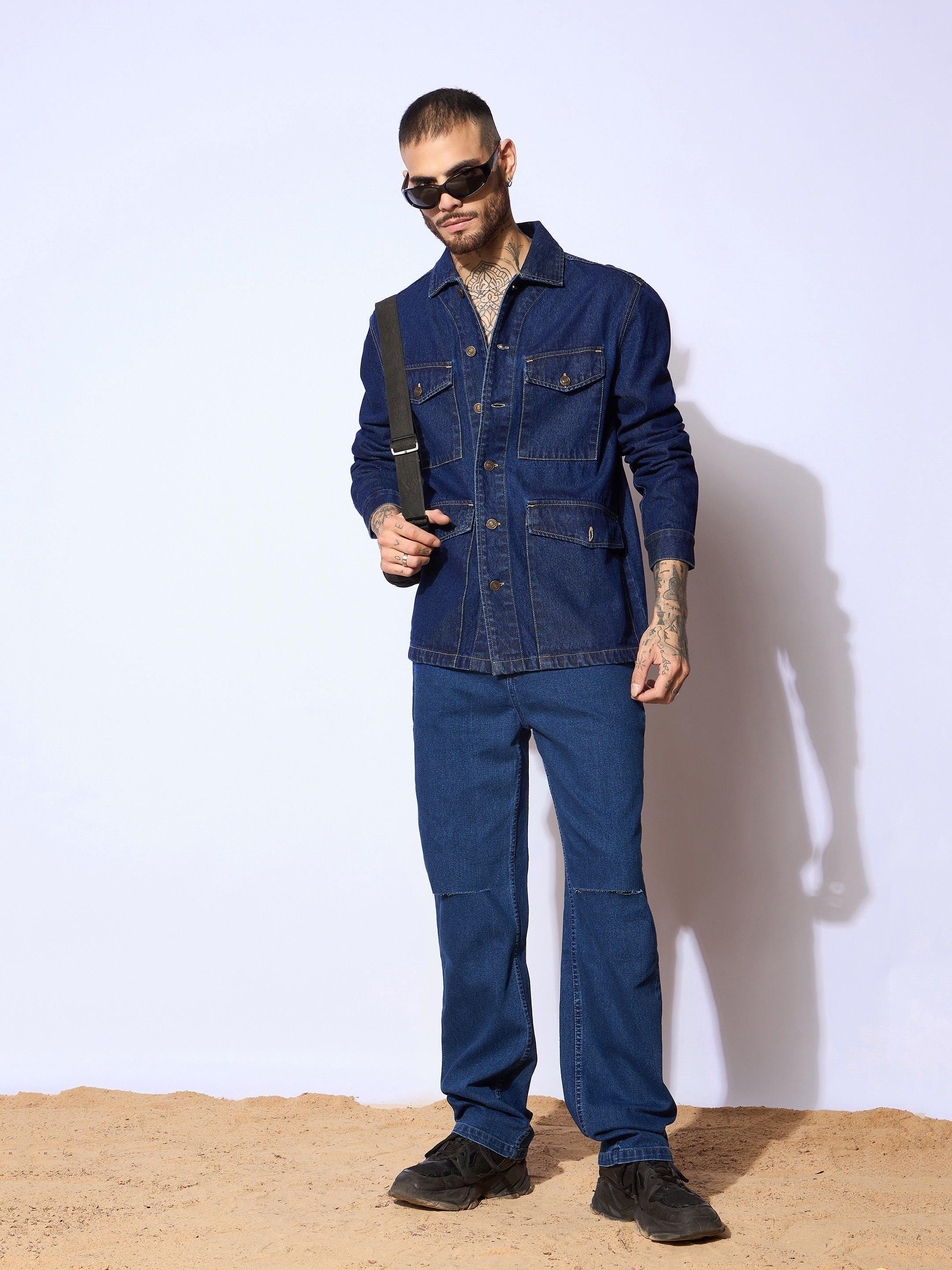 Men Navy Blue Utility Pocket Shacket-MSSHRT20534