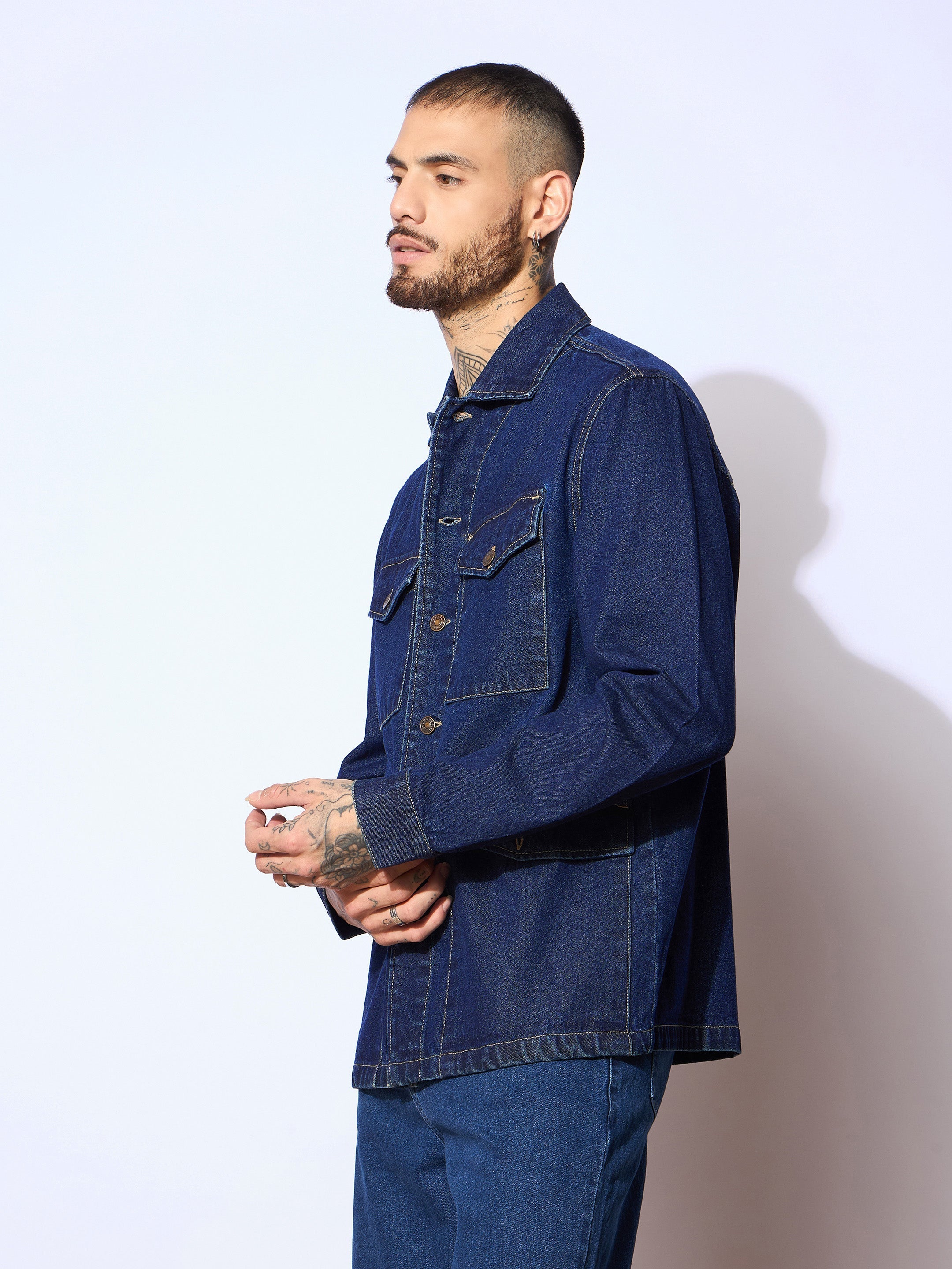 Men Navy Blue Utility Pocket Shacket-MSSHRT20534