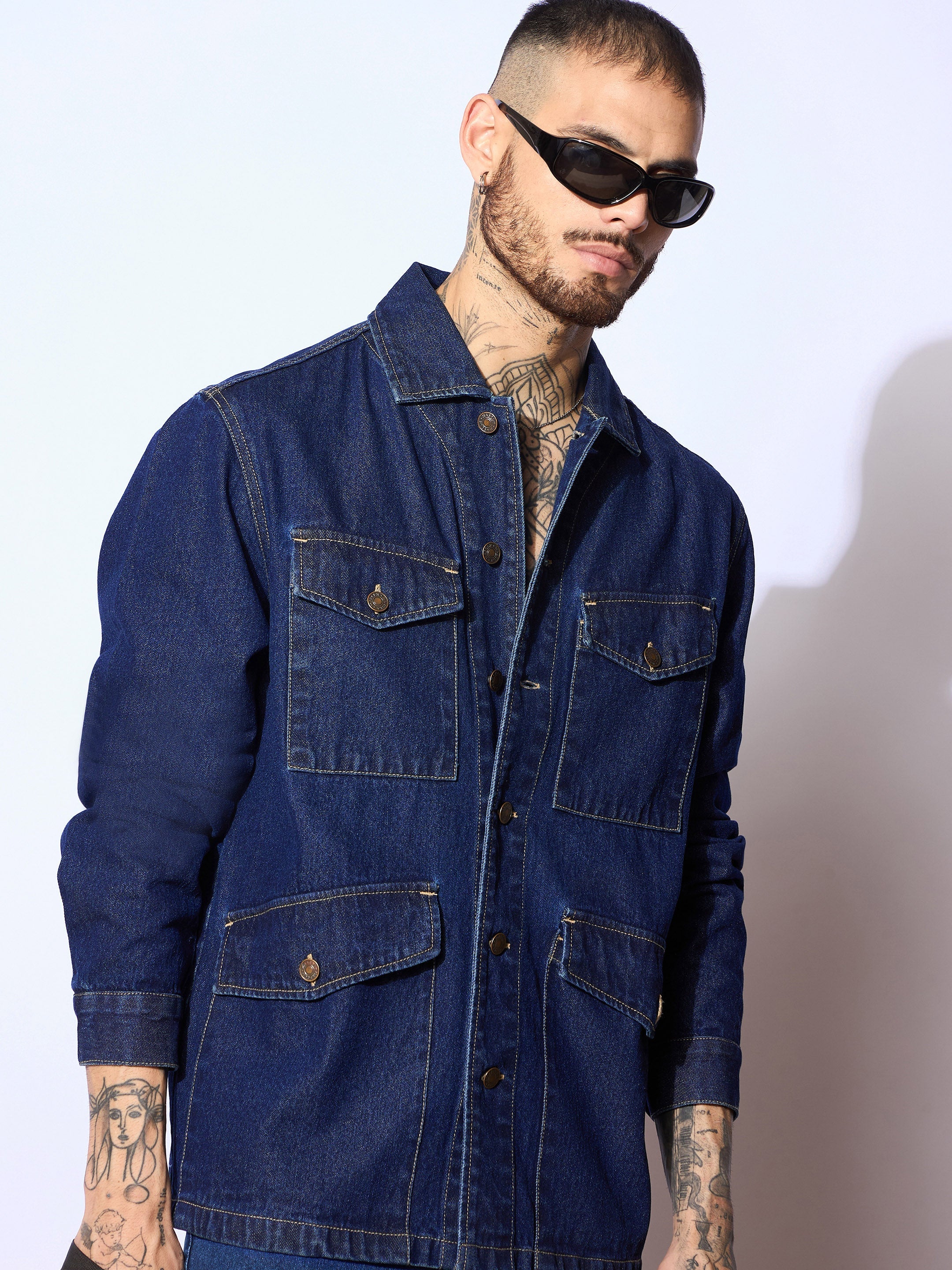 Men Navy Blue Utility Pocket Shacket-MSSHRT20534