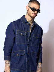 Men Navy Blue Utility Pocket Shacket-MSSHRT20534