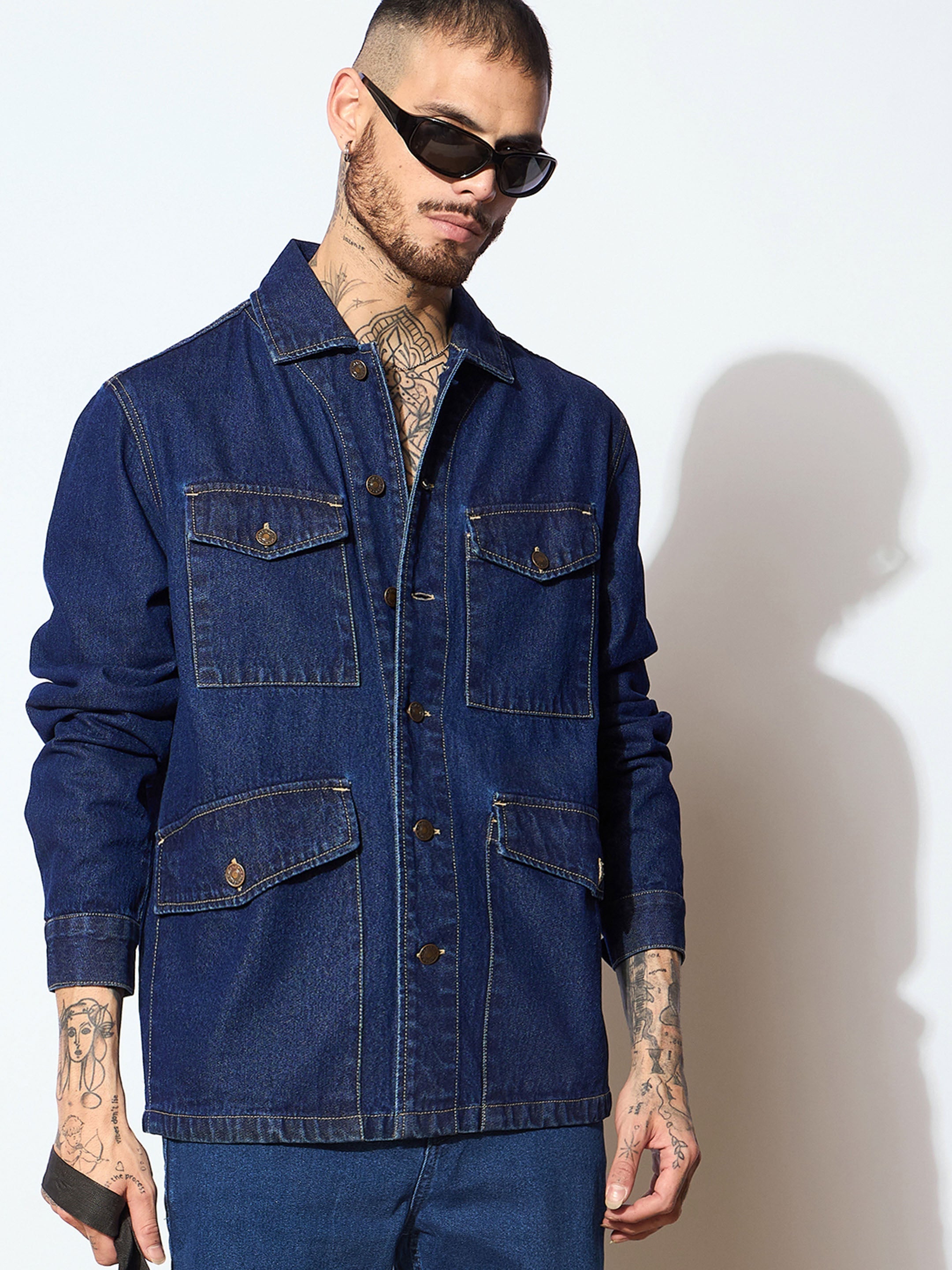 Men Navy Blue Utility Pocket Shacket-MSSHRT20534