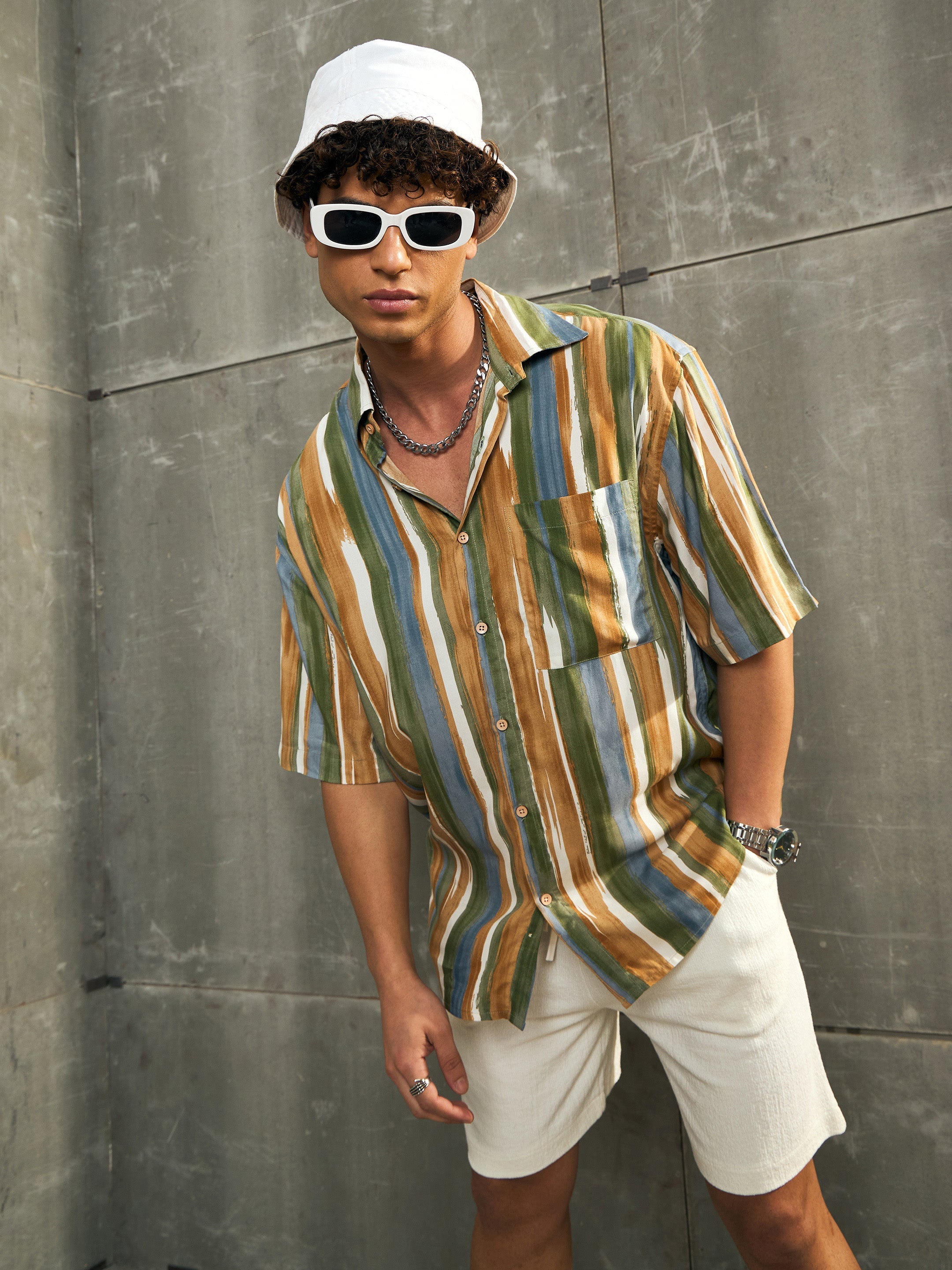 Men Brown & Green Stripe Paint Relax Fit Shirt-MSSHRT20566