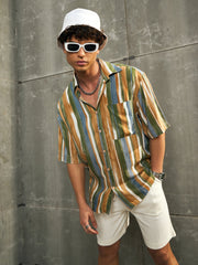 Men Brown & Green Stripe Paint Relax Fit Shirt-MSSHRT20566